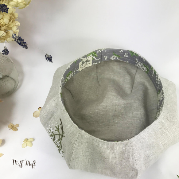 【キッズ】フレンチリネンのかすみ草手刺繍 ベレー帽　春夏秋　麻　リンクコーデ 9枚目の画像