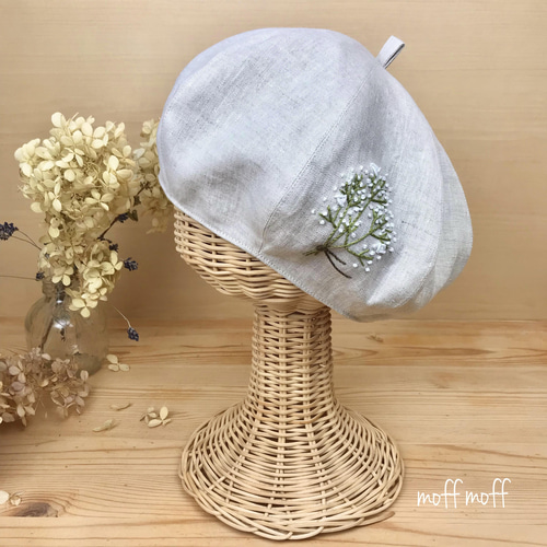 キッズ】フレンチリネンのかすみ草手刺繍 ベレー帽 春夏秋 麻 リンク