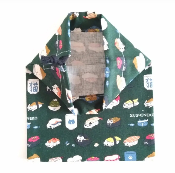 30×40 ランチョンマット 寿司猫柄 巾着袋 ２点 セット 給食 コップ袋 男の子 女の子 緑 4枚目の画像