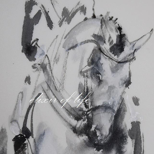 原画。踊るグレー色の馬（墨、水彩、厚い和紙、26cm×36cm