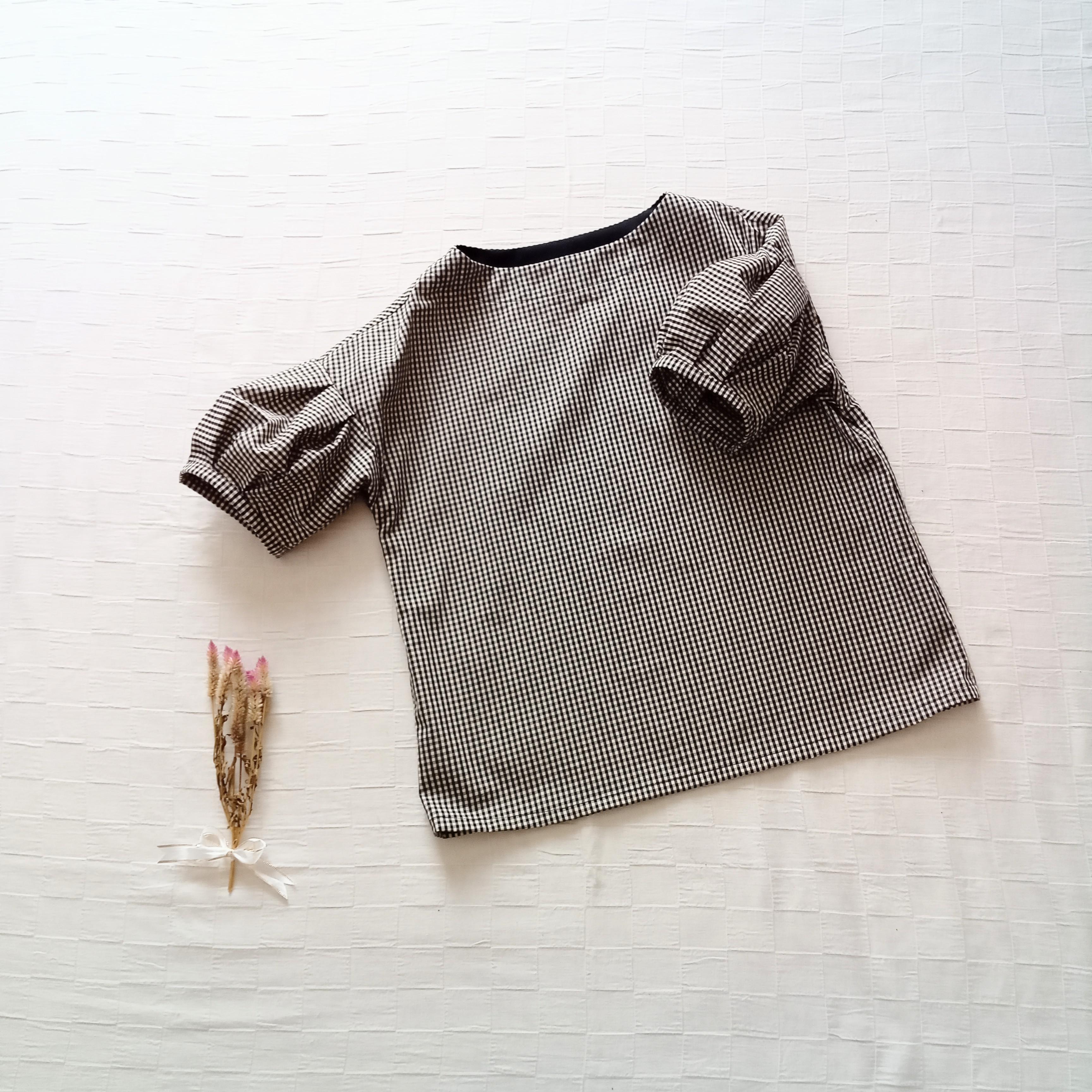 タックボリューム半袖のプルオーバー　ボートネック　播州織 3mmギンガムチェック