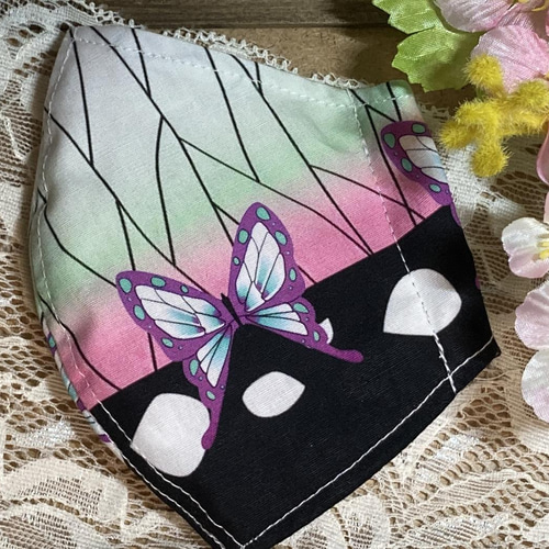 No.253 オーダーマスク　ハンドメイド　蝶々　花柄　ピンク　おまとめ割 新柄✨】蝶の羽デザイン〜紫系(タイプ⑧)蝶柄大人気‼︎ 蝶 鬼 〈サイズ
