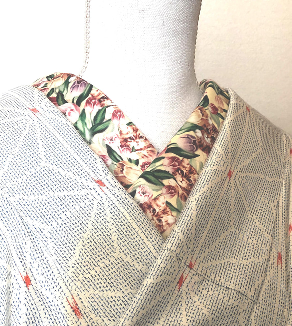 【B品】寿喜堂オリジナル半襟【此処なにゃん】ピンクラベンダー【カット難あり】 3枚目の画像