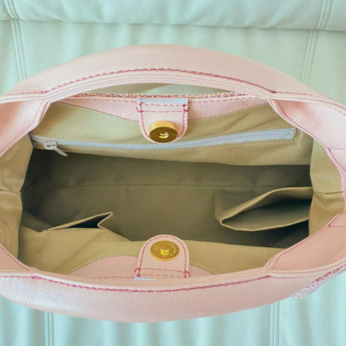 国産 ピンク色クールソリッド生地×ローズピンク本革ショルダーバッグ