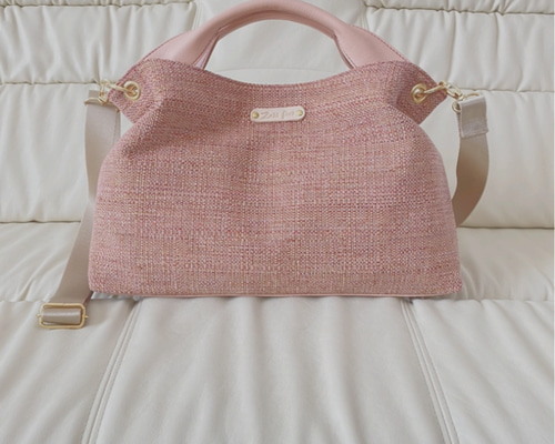 国産 ピンク色クールソリッド生地×ローズピンク本革ショルダーバッグ