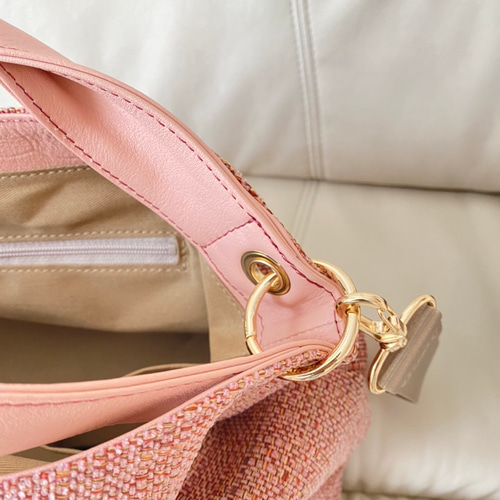 国産 ピンク色クールソリッド生地×ローズピンク本革ショルダーバッグ