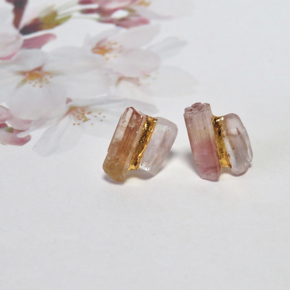 宝石桜＊Pink Tourmaline × Kunzite＊金継ぎピアス／M size 1枚目の画像