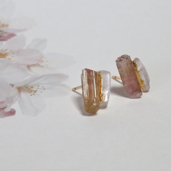 宝石桜＊Pink Tourmaline × Kunzite＊金継ぎピアス／M size 6枚目の画像