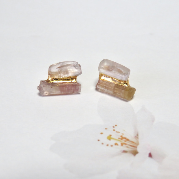 宝石桜＊Pink Tourmaline × Kunzite＊金継ぎピアス／M size 9枚目の画像