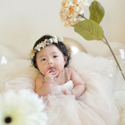 アジサイとカスミソウの花かんむり ホワイト×ピンク系 / エアリークラウン / プリザーブドフラワー フラワークラウン 10枚目の画像