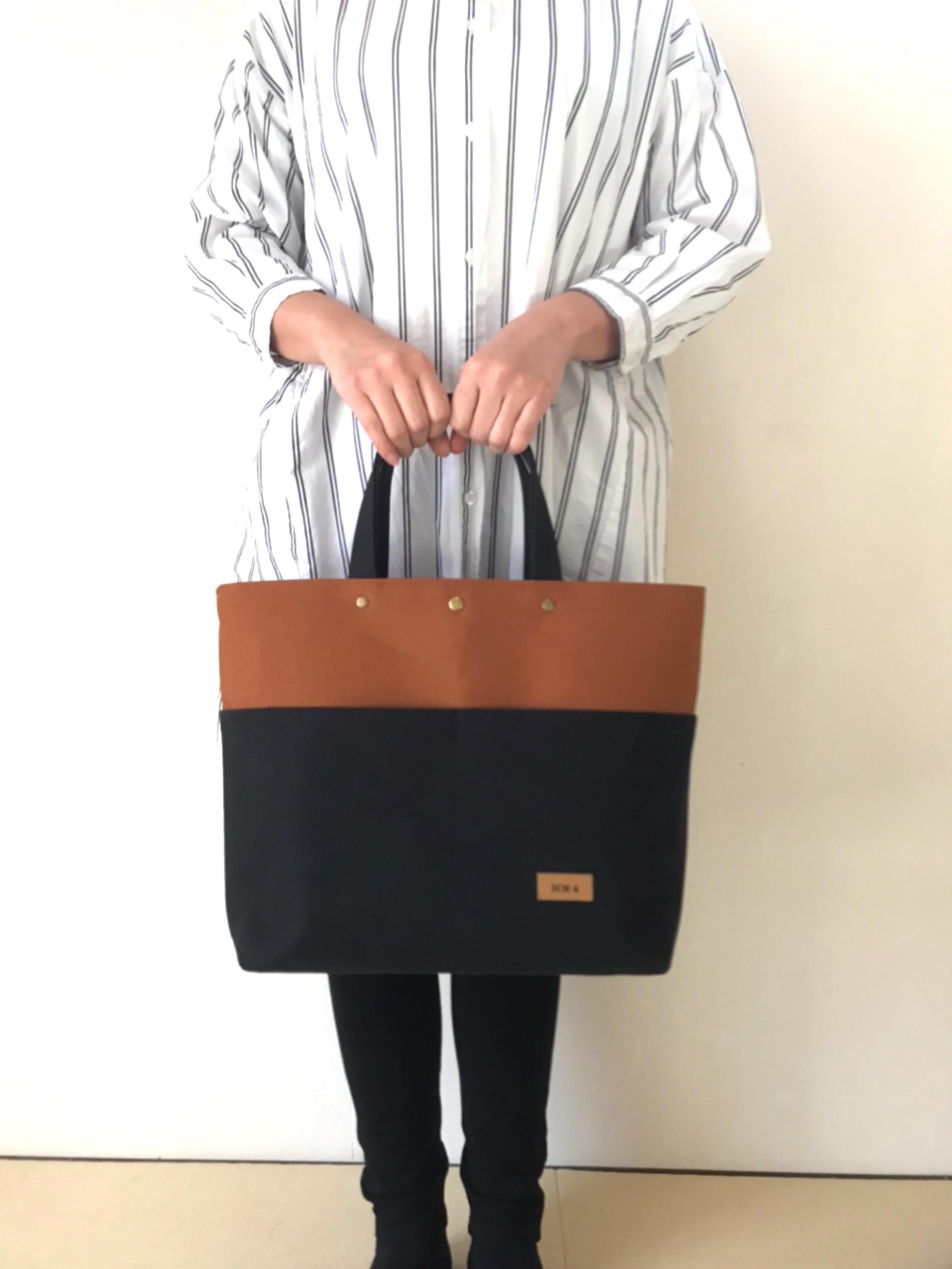 【受注製作】帆布トートバッグ（Lサイズ、黒＋キャメル）