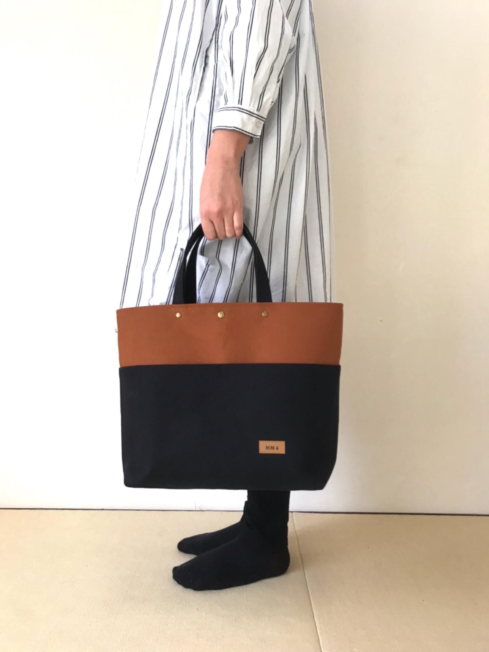 【受注製作】帆布トートバッグ（Lサイズ、黒＋キャメル）