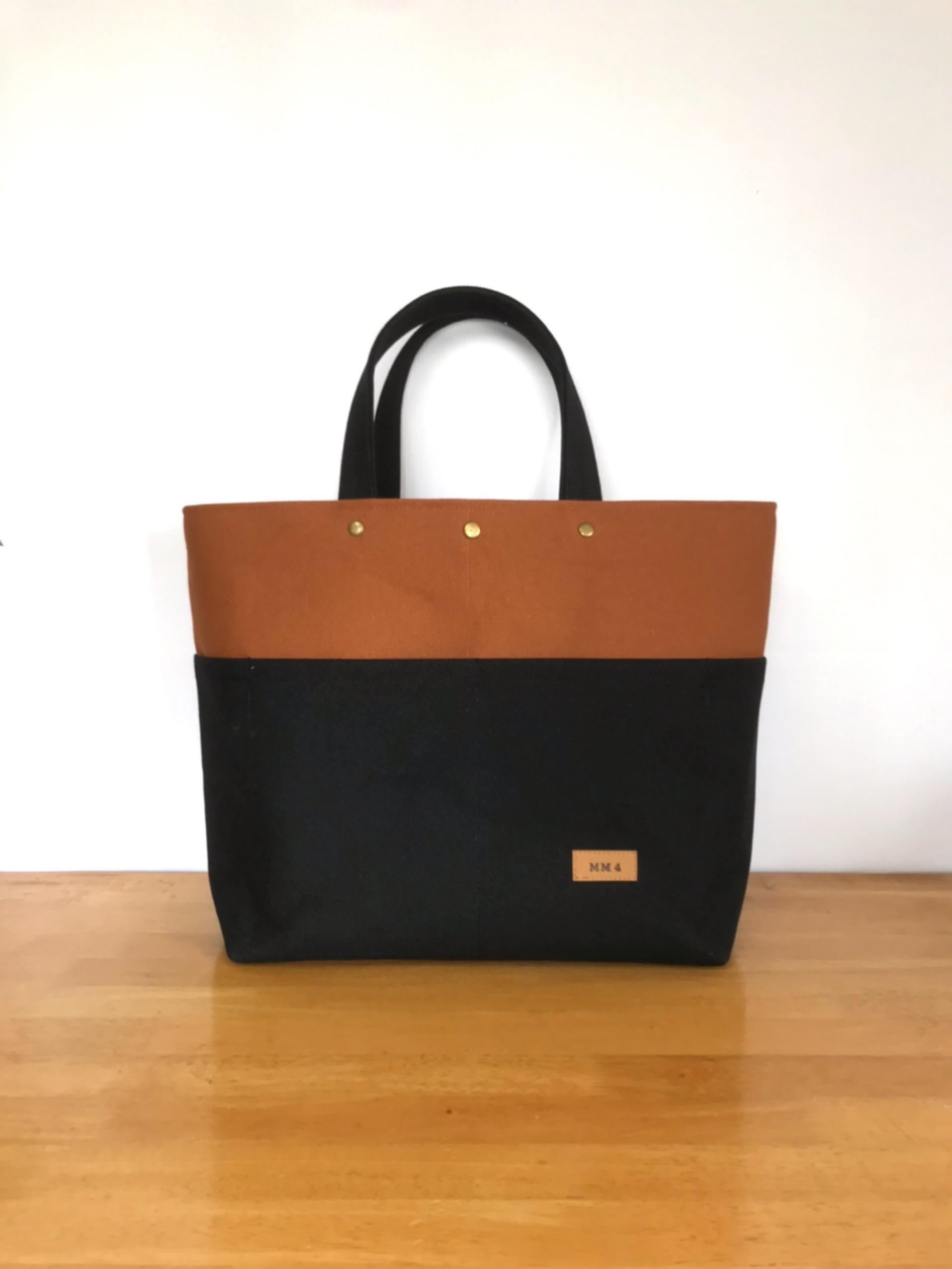 【受注製作】帆布トートバッグ（Lサイズ、黒＋キャメル）