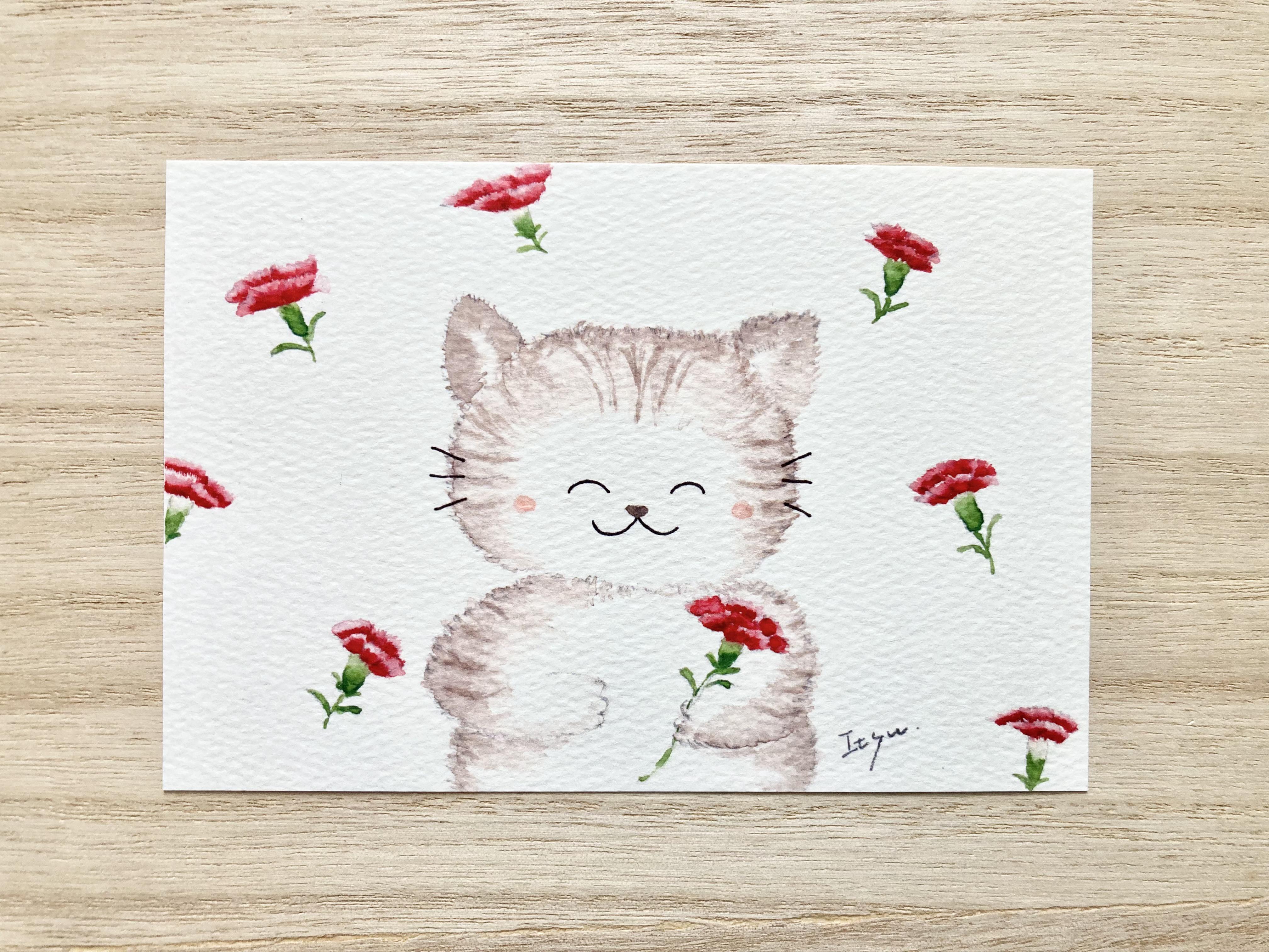 ある日の美術館　猫の親子　ポストカードsize　水彩画原画 3f09ca7b96323851e4685afb1007bb