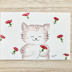 透明水彩画 母の日「ママありがとう」イラスト　ポストカード　3枚セット　カーネーション　猫　ネコ　ねこ　母の日カード　 1枚目の画像