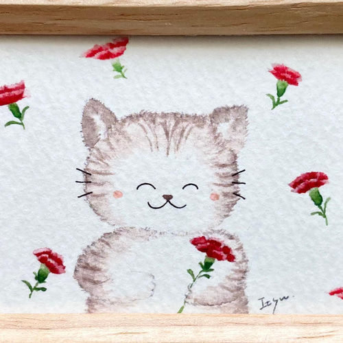 透明水彩画 母の日「ママありがとう」イラスト ミニ額 プチギフト ネコ 