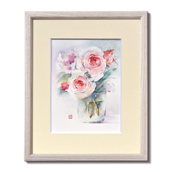 水彩画　バラ　原画　　額縁入り 水彩画 原画 白い薔薇2905（額縁つき - ATELIER KMICHE | minne