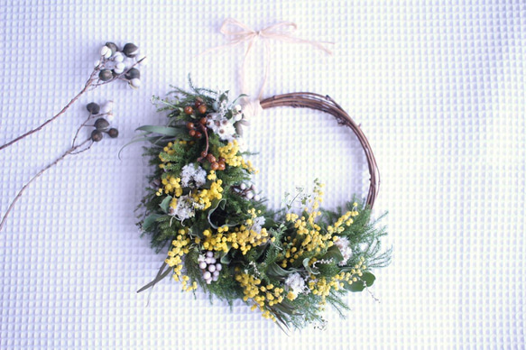 ミモザとグリーンのナチュラルハーフリース✳︎ドライフラワー◎24  