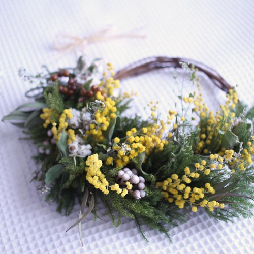 ミモザとグリーンのナチュラルハーフリース✳︎ドライフラワー◎24  