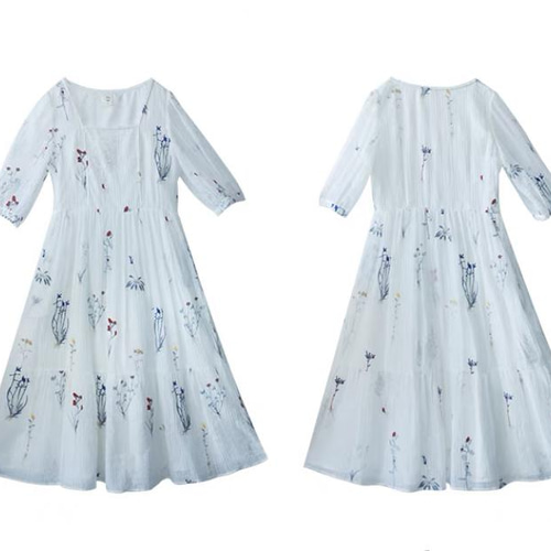 ハンドメイド リネン 刺し子 ゆったり ロングワンピース ホワイト