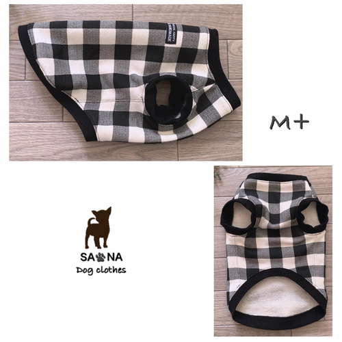 ハンドメイド犬服M+モノトーンギンガムチェックシンプル ペット服