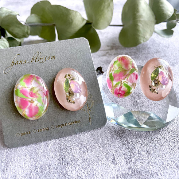 glass oval pink tulip nuance Earrings 7枚目の画像