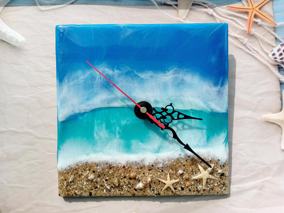 海洋風格樹脂時鐘 |手工樹脂繪畫 |海牆裝飾 | 寧靜的夏天 第2張的照片