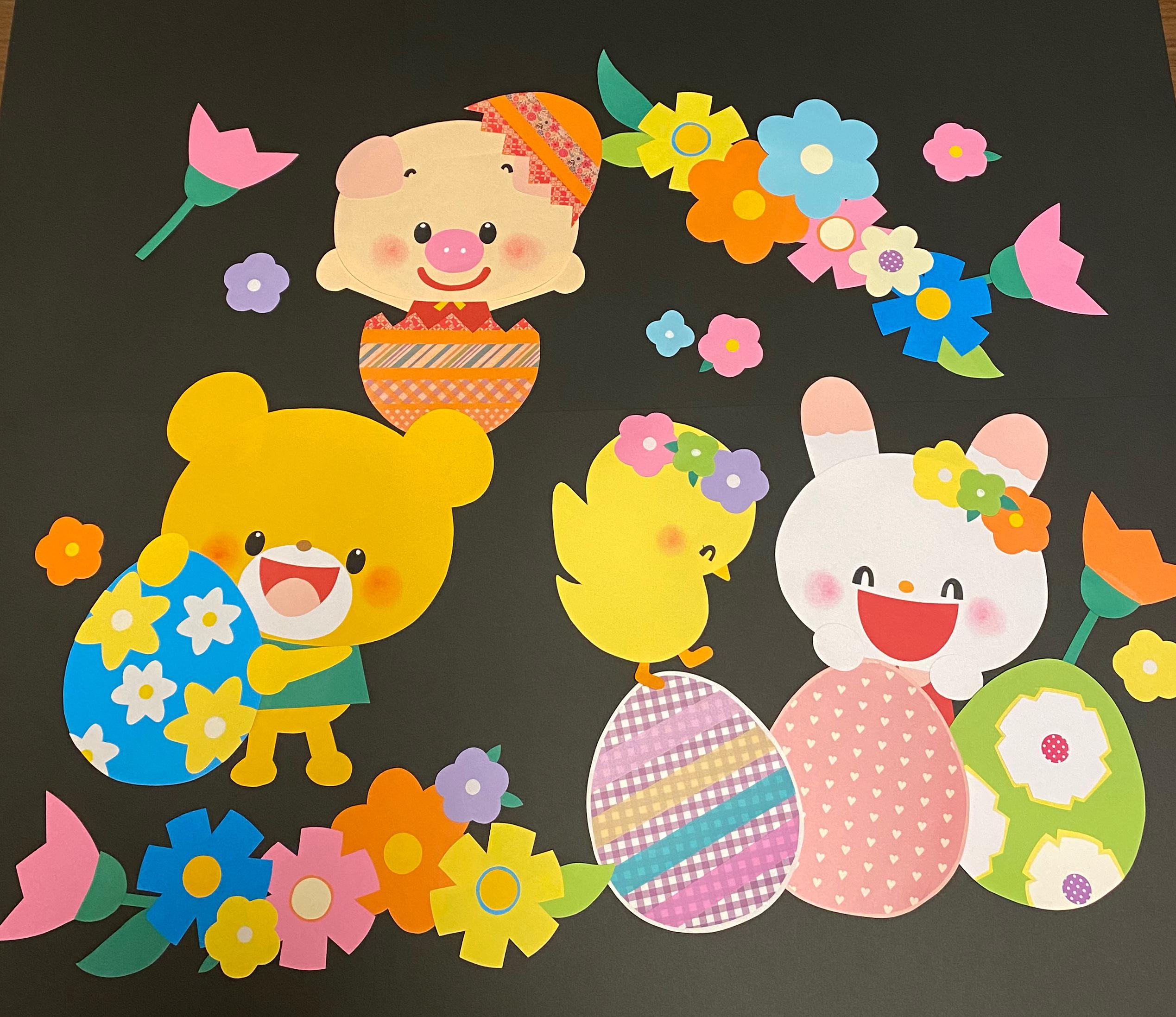 ひーちゃんです☆イースター、春の飾りなど 春壁面！ イースターエッグ うさぎとひよこのパーティー！ 切り