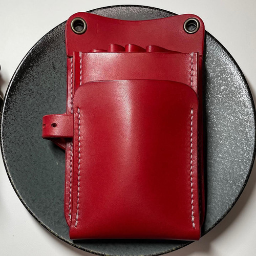 赤色＆ナチュラル 8丁差し 本革シザーケース SCA-143/CRA 赤色