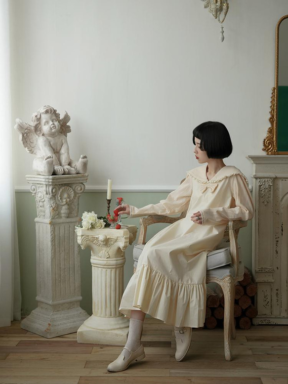 ドリーミーベージュネイビーネックボウジャパニーズガールドレスフリルラージスカート裾コットンドレス 4枚目の画像