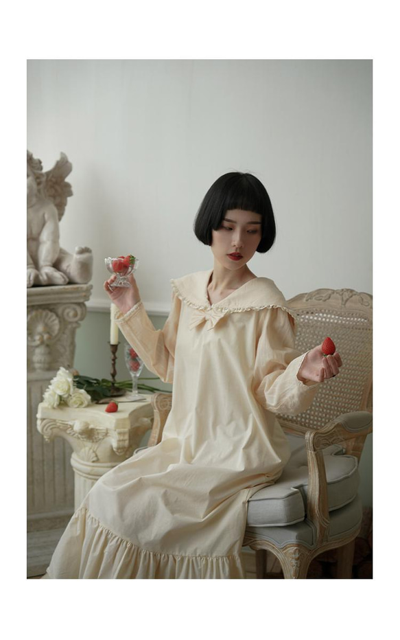 夢幻米黃色 海軍領蝴蝶結日系少女洋裝 荷葉邊大裙襬棉質連身裙 第10張的照片