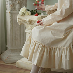 ドリーミーベージュネイビーネックボウジャパニーズガールドレスフリルラージスカート裾コットンドレス 6枚目の画像