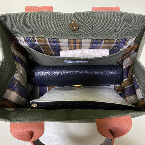 倉敷帆布　大人トートバッグ(表地、裏地、持ち手、選べます＊)オリーブ色 5枚目の画像