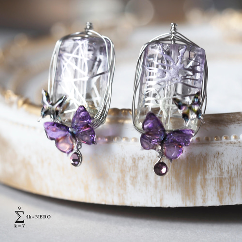 イヤリング 月夜 スクエア 紫蝶々 イヤリング・ノンホールピアス NERO