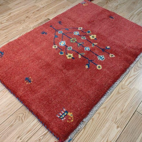 完売】ペルシャ ギャッベ 玄関マット 90×60 横柄 茜色 花 生命の木