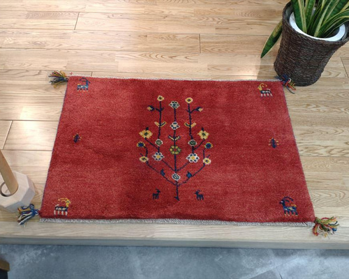 完売】ペルシャ ギャッベ 玄関マット 90×60 横柄 茜色 花 生命の木