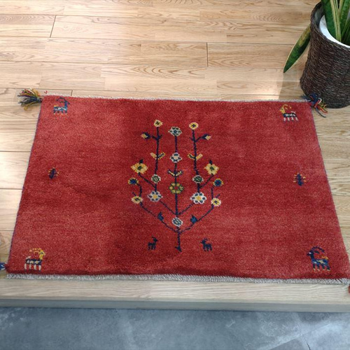 完売】ペルシャ ギャッベ 玄関マット 90×60 横柄 茜色 花 生命の木