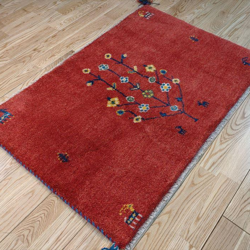 完売】ペルシャ ギャッベ 玄関マット 90×60 横柄 茜色 花 生命の木