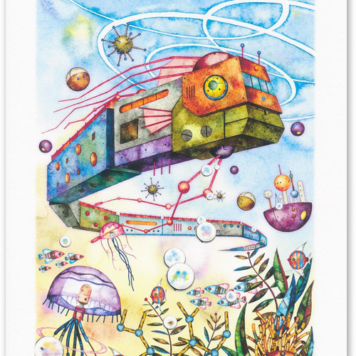 深海を泳ぐ機械仕掛けのリュウグウノツカイ』 デジタル版画 / A4サイズ