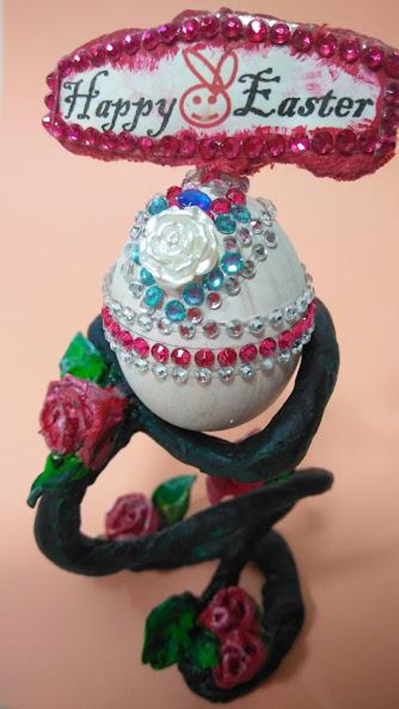 『薔薇のエッグスタンド』イースターエッグ　創作キラキラアート　プレゼント 1枚目の画像