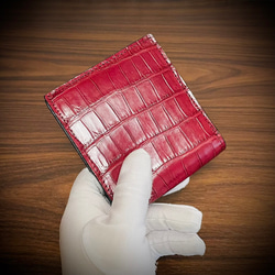 クロコダイル 財布 折財布 二つ折り 革財布 本革 ワニ レザー 証明書付 ワインレッド 赤 メンズ レディス 2枚目の画像