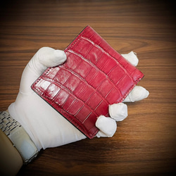 クロコダイル 財布 折財布 二つ折り 革財布 本革 ワニ レザー 証明書付 ワインレッド 赤 メンズ レディス 3枚目の画像