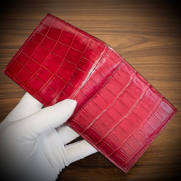 クロコダイル 財布 折財布 二つ折り 革財布 本革 ワニ レザー 証明書付 ワインレッド 赤 メンズ レディス 4枚目の画像