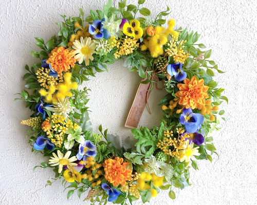 ミモザとビオラのナチュラルリース アートフラワー La ruelle