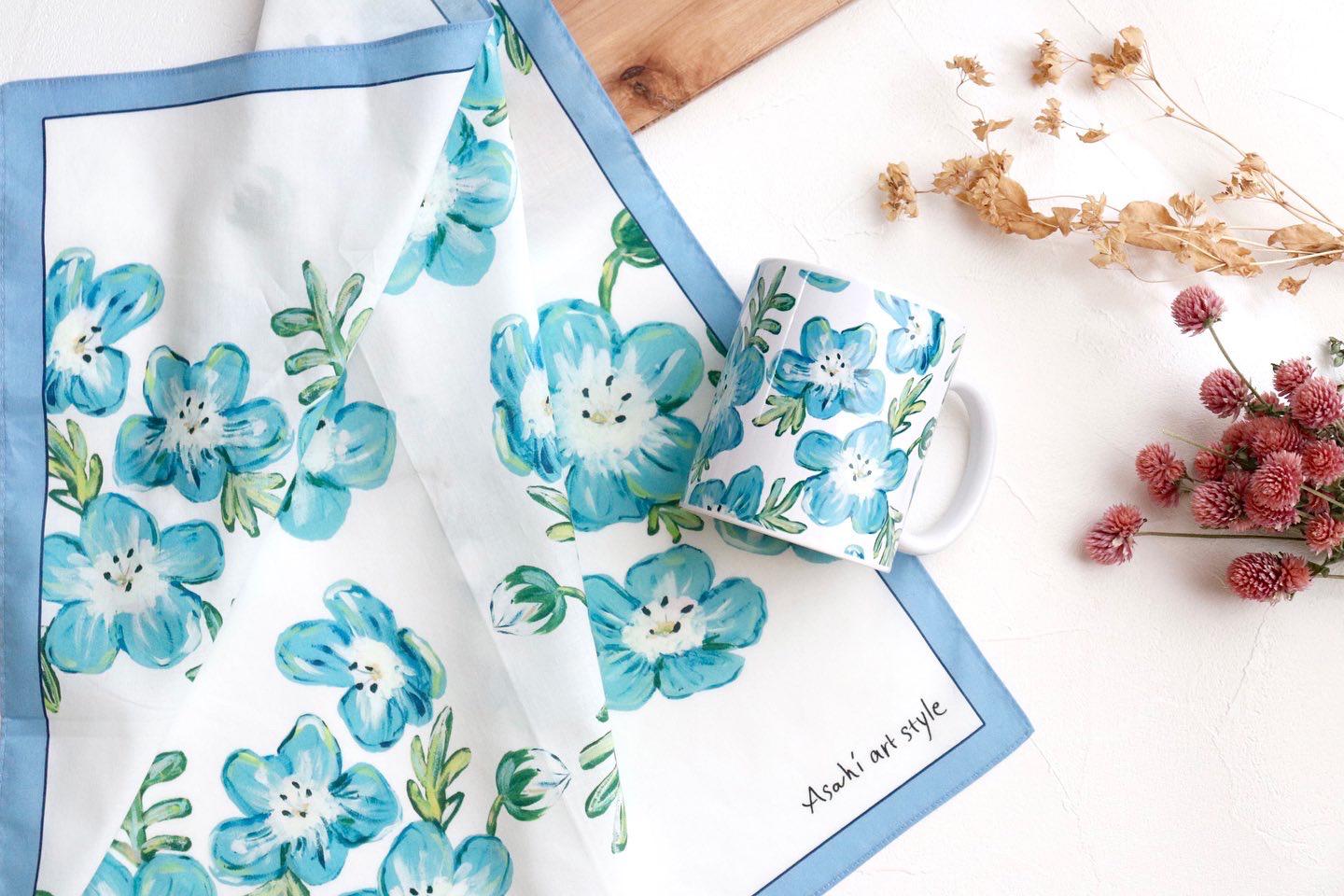 <送料無料>アートなひととき、ネモフィラのマグカップとハンカチセット　ティータイムやプレゼント、母の日にも