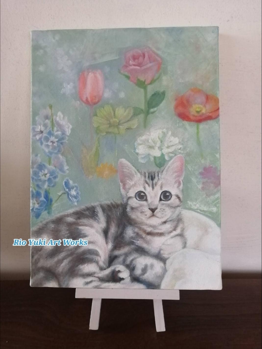 子猫とお花の絵 油絵原画「Fragrance room」 絵画 Rio Yuki 通販