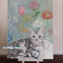 子猫とお花の絵 油絵原画「Fragrance room」 絵画 Rio Yuki 通販