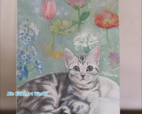 花畑猫　油彩画 原画　ミニ絵画　オリジナル　猫　花 il_fullxfull.6140687229_n8t7.jpg