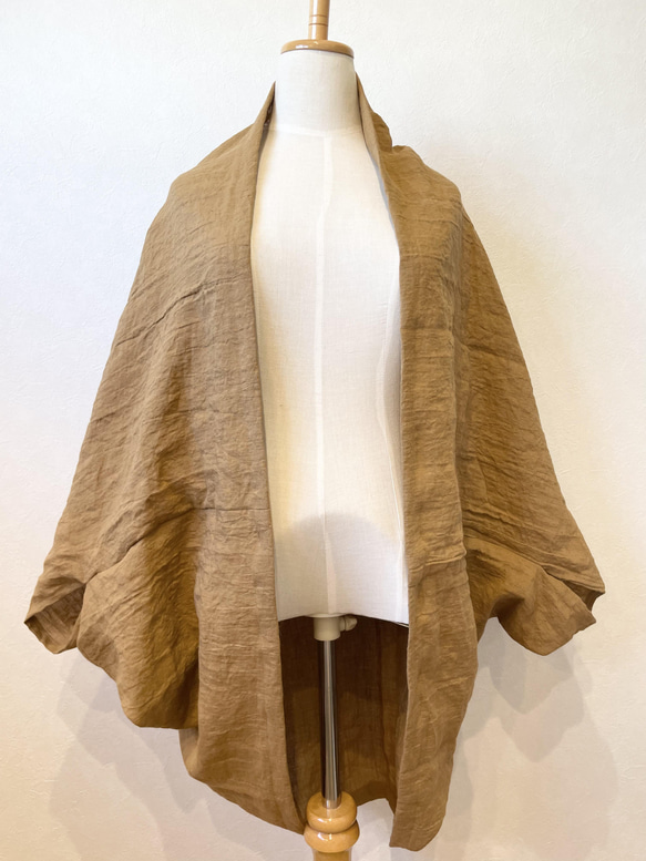 受注製作 国産リネンのサッと羽織れるたっぽりカーディガン シナモン 9枚目の画像