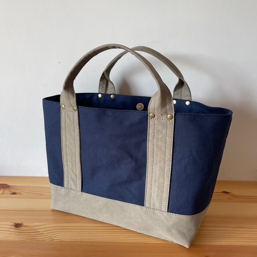 浜松産帆布【見っけバッグ】［横長トート Lサイズ 紺×グレーベージュ
